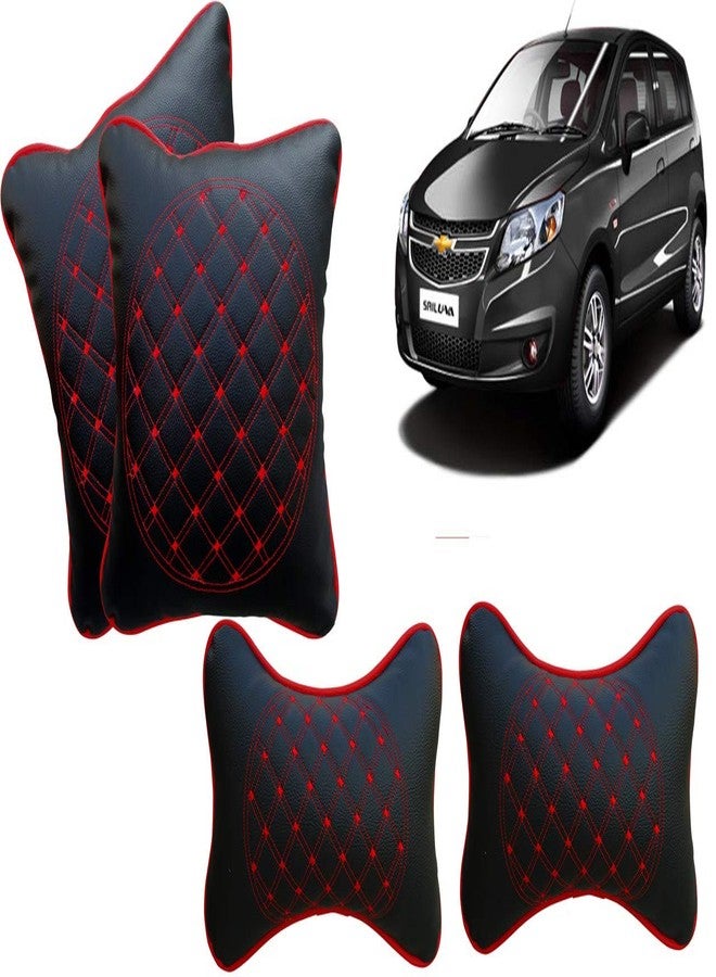 Selifaur Black and Red Double Quilted Car Cushion and Neck Rest Pillow Set of 4 for Sail UVA - Image 1